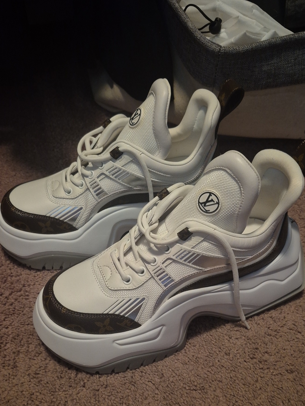 Louis Vuitton White and Brown Patterned Women's Chunky Sneakers